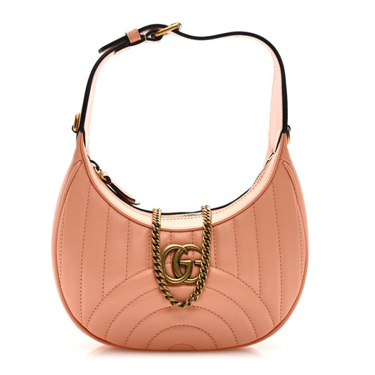 Gucci  Calfskin Vertical Ring Matelasse Mini GG Marmont Half Moon Hobo Peachy Chic