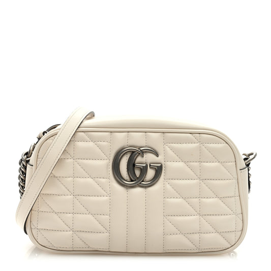 Gucci  Calfskin Matelasse Aria Small GG Marmont Chain Shoulder Bag Mystic White