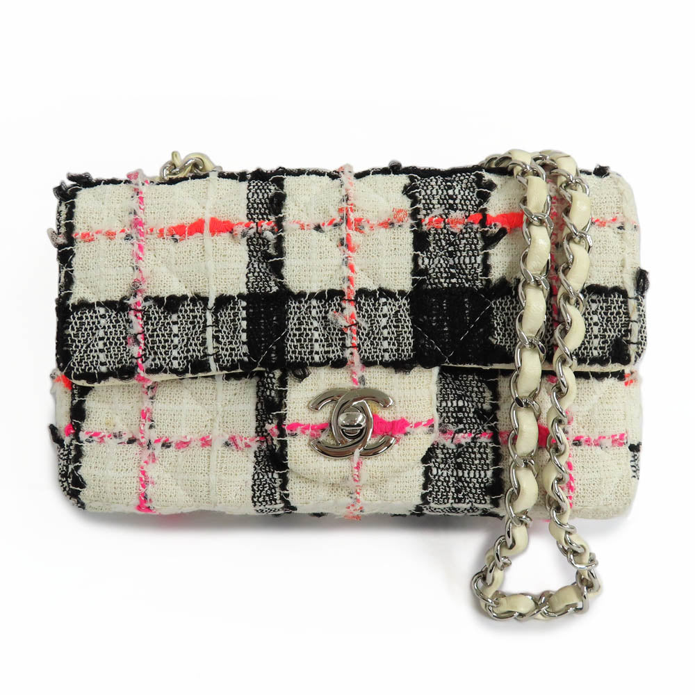 Chanel Mini Matrasse 20 Tweed Chain Shoulder Bag Single Flap Single Chain White X Black X Pink  Silver  Coco Mark