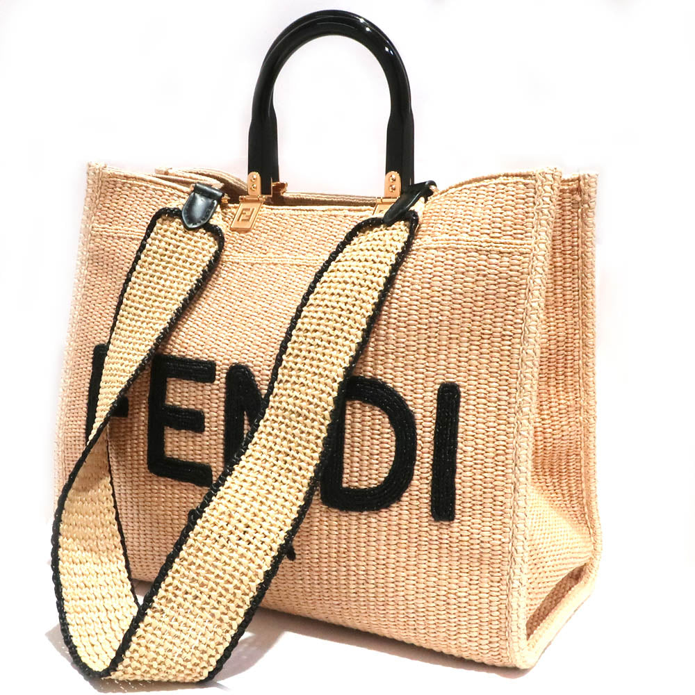 FI Fendi Sunshine Medium 8BH386 Hand Shoulder Bag 2WAY Straw Material Beige G    Excellent Woodwear