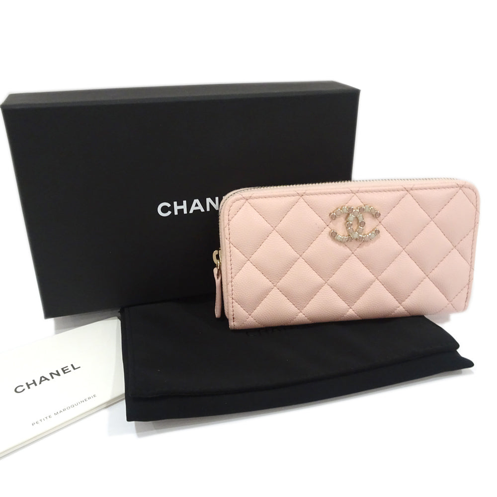 Chanel Matrasse  Wallet AP3605 Green  S Caviar Skin Pink G  Round  Wallet Mini