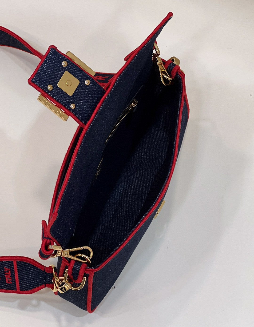 Fendi Baguette Blue Denim Red Border Bag For Woman 26cm/10in