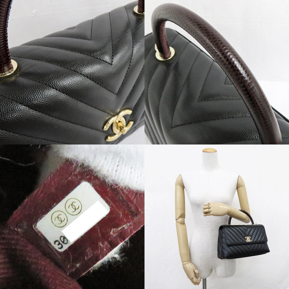 CHANEL Coco Handle 29 Chevron A92991 Black G   St Caviar S Rizard Bordeaux Black Leather Handbag Shoulder Bag