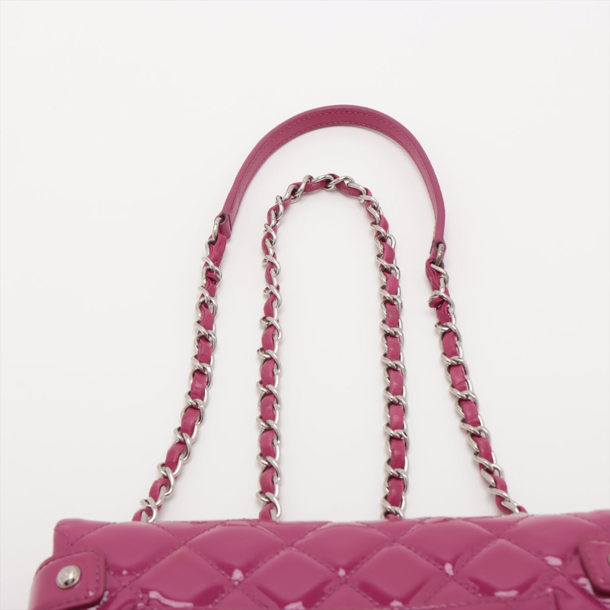 Chanel Matrasse Patent Leather Single Flap Double Chain Bag Pink Silver