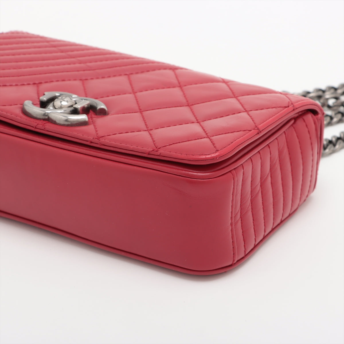 Chanel Cocoboy Leather Single Flap Double Chain Bag Red Silver G  20th