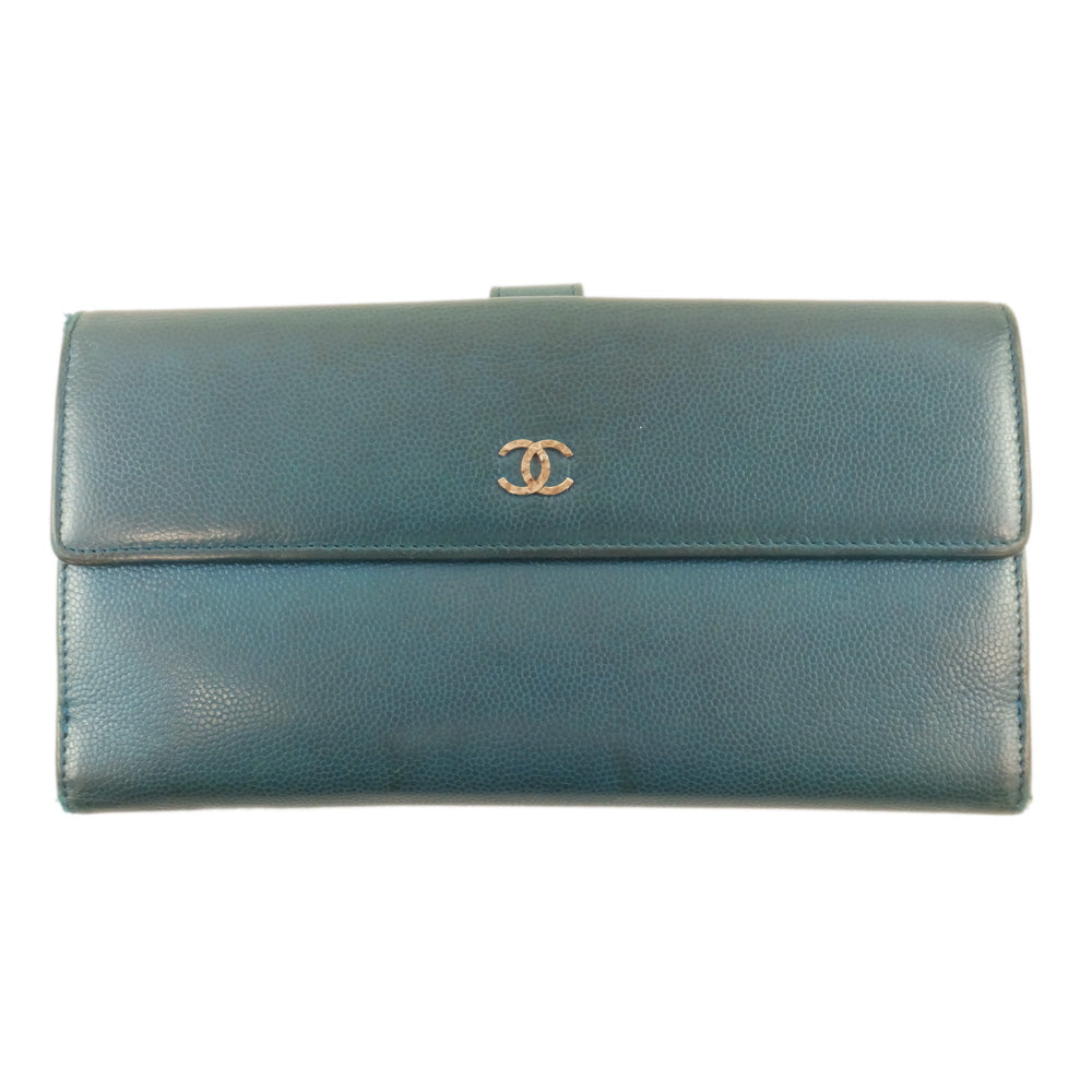 Chanel 2 fable wallet blue cocomark silver gold tool snap button horizontal matte men long wallet