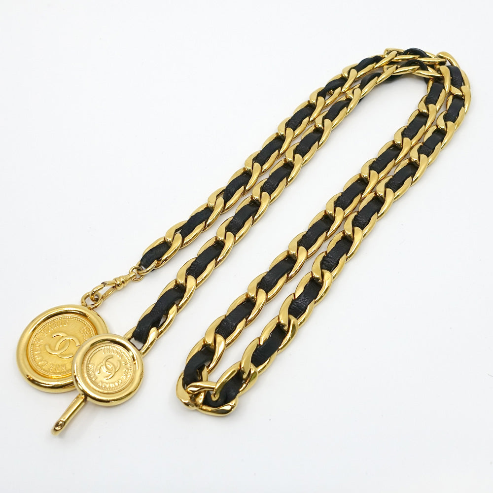 CHANEL Chain Belt CC Mark Coin A10991 About 90cm About 188.9g Black G  GP Gold  Women  Dress Small Box