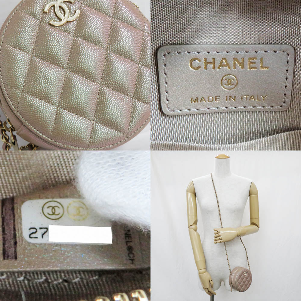 CHANEL Chanel Matrasse Round Chain Shoulder Bag Pouch AP0314 Metal Beige G  Coco  Caviar S Leather  Round