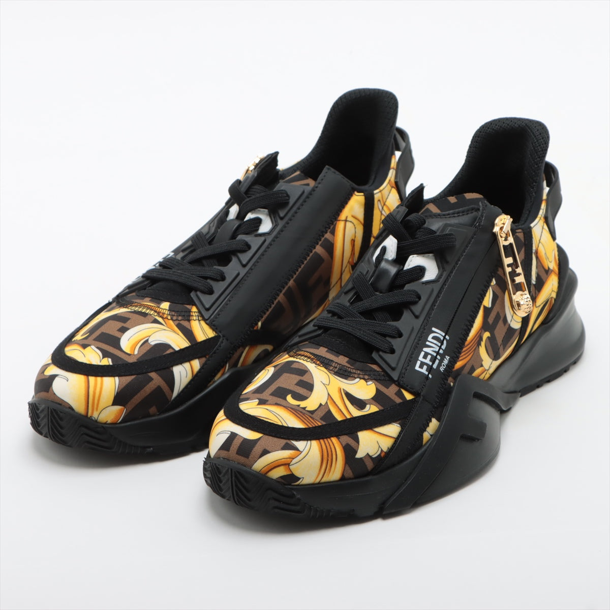 Fendi x Versace Fabric Sneakers 8 Men Black x Yellow Flow Fender Chevrolet