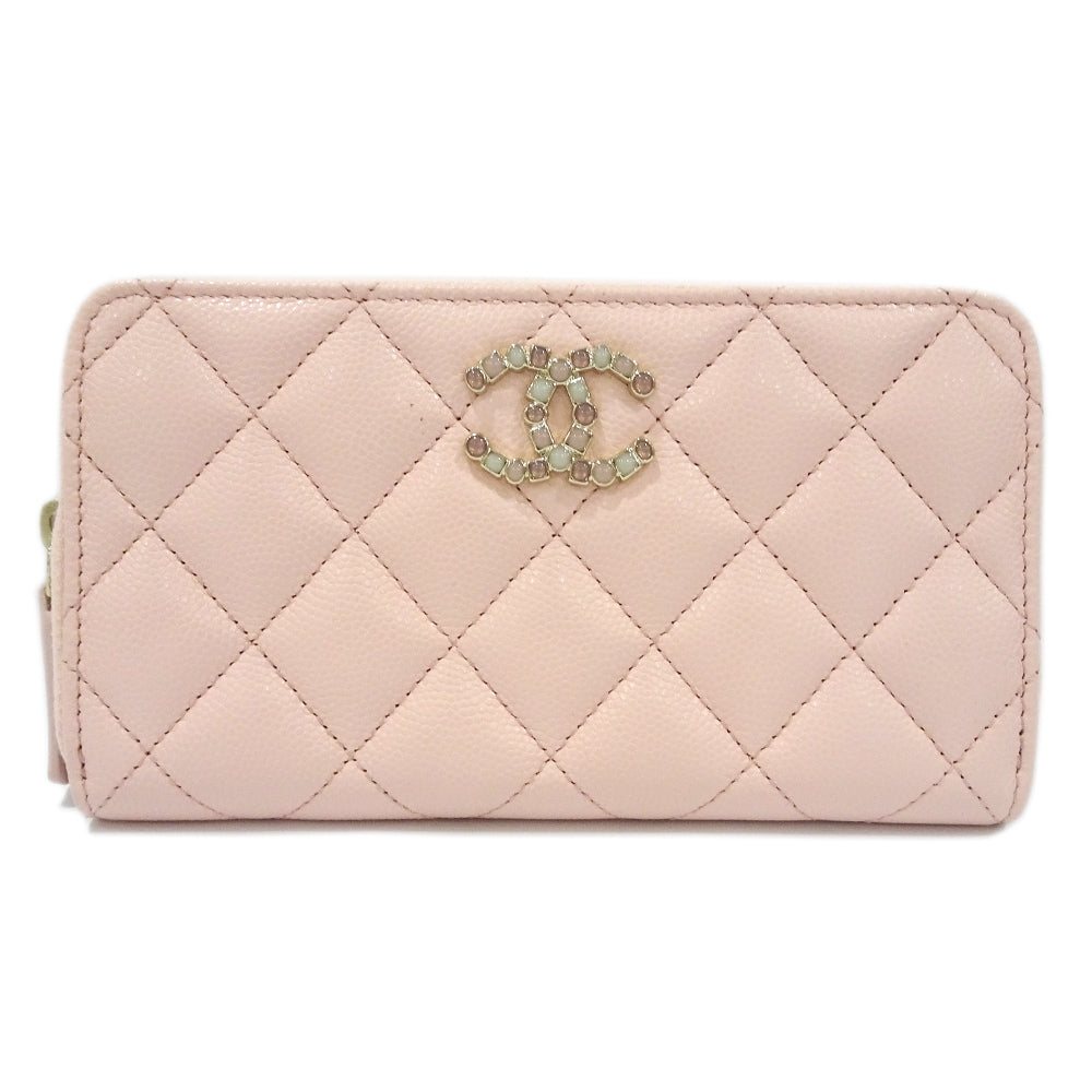 Chanel Matrasse  Wallet AP3605 Green  S Caviar Skin Pink G  Round  Wallet Mini