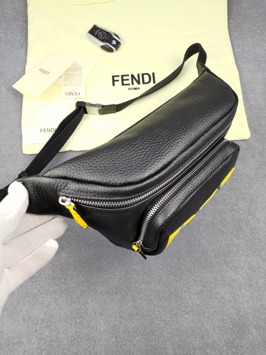 Fendi Little Monster Belt Bag Black/Yellow For Men, Men&#8217;s Bags 7.9in/20cm FF