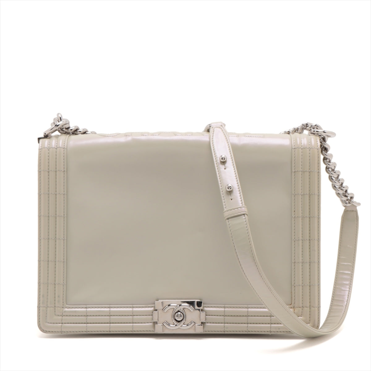 Chanel Boy Chanel Patent Leather Chain Shoulder Bag Pearl White Silver