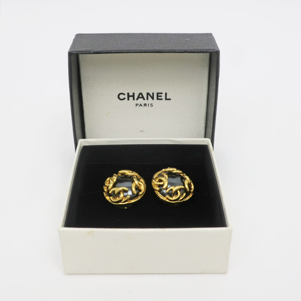 Chanel Earring 95A Round One Pair Coco Mark CC Color Stone Black G Accessoires