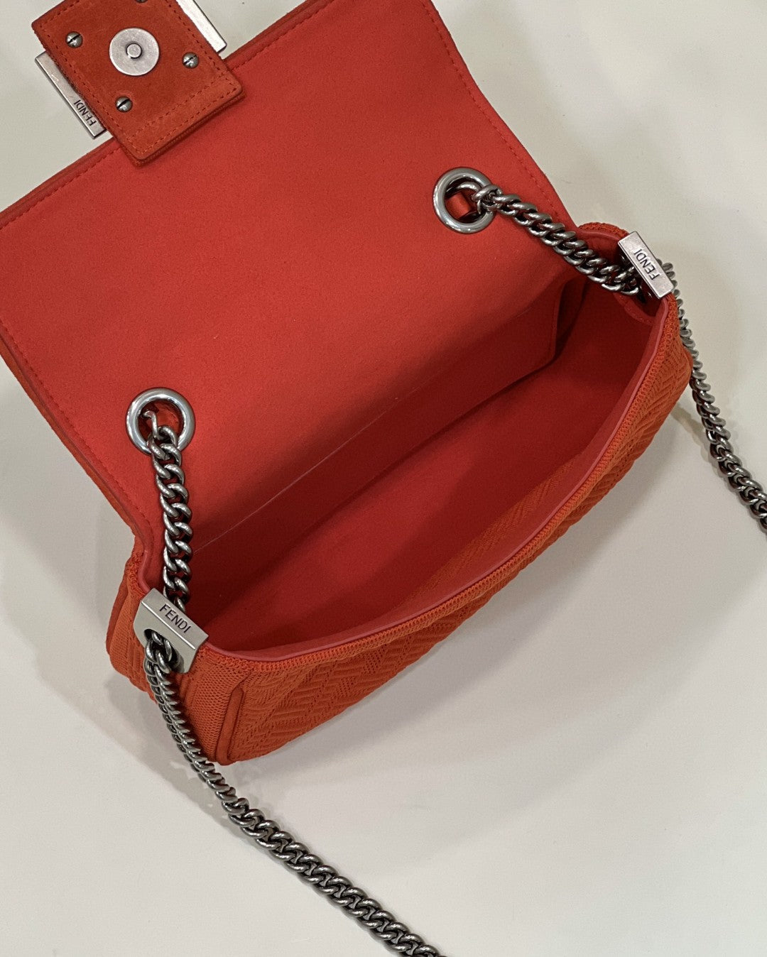 Fendi Baguette Chain Midi Red FF Fabric Bag