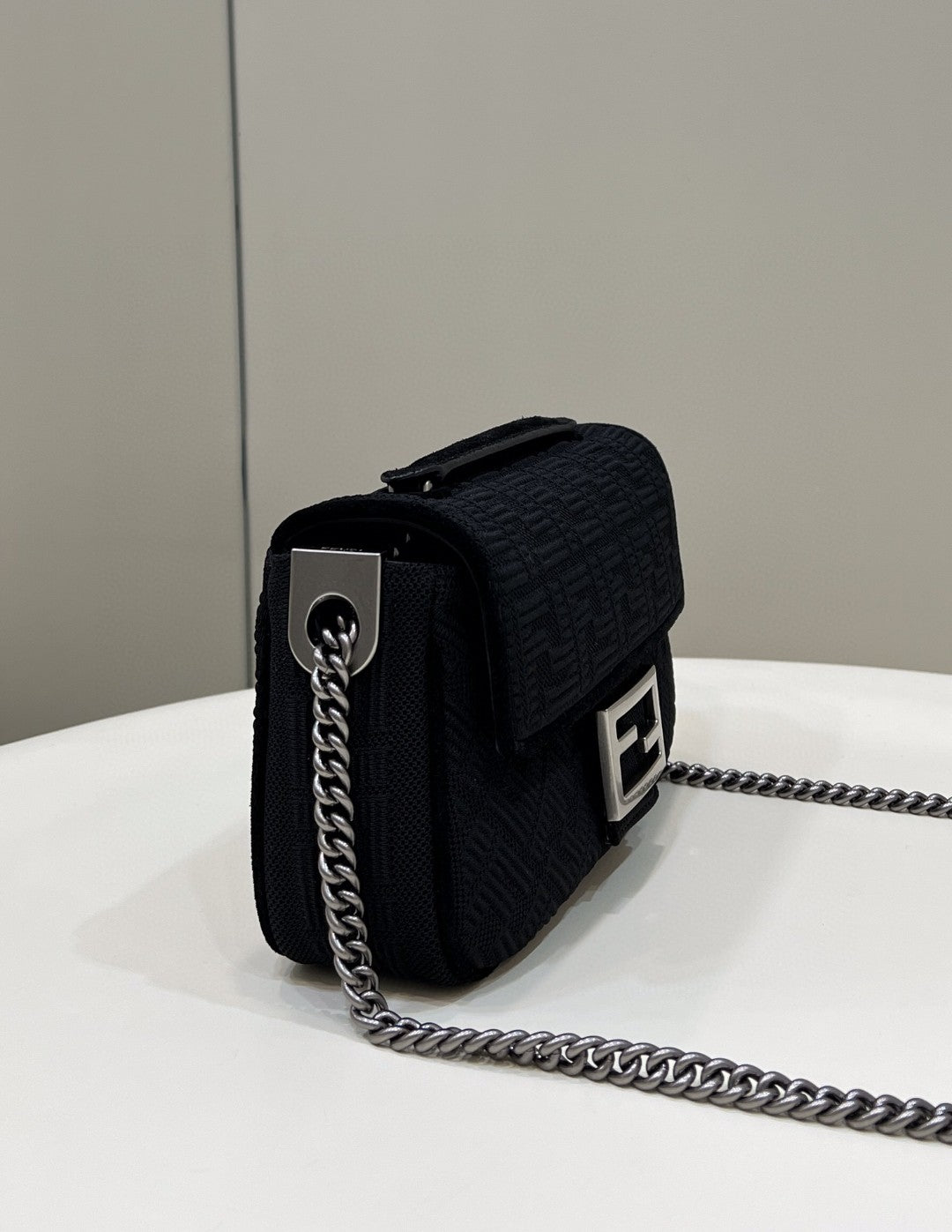 Fendi Baguette Chain Midi Black FF Fabric Bag For Woman 14.5cm/6in