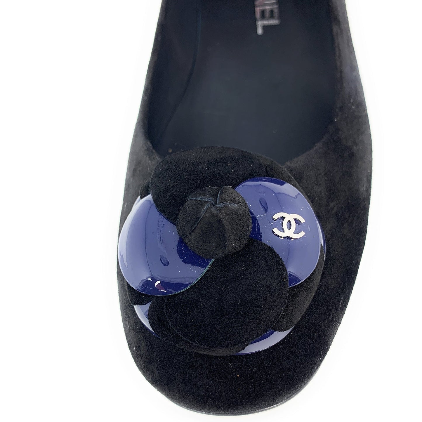 Chanel  16A CC Black Suede Camellia Ballerina Flats