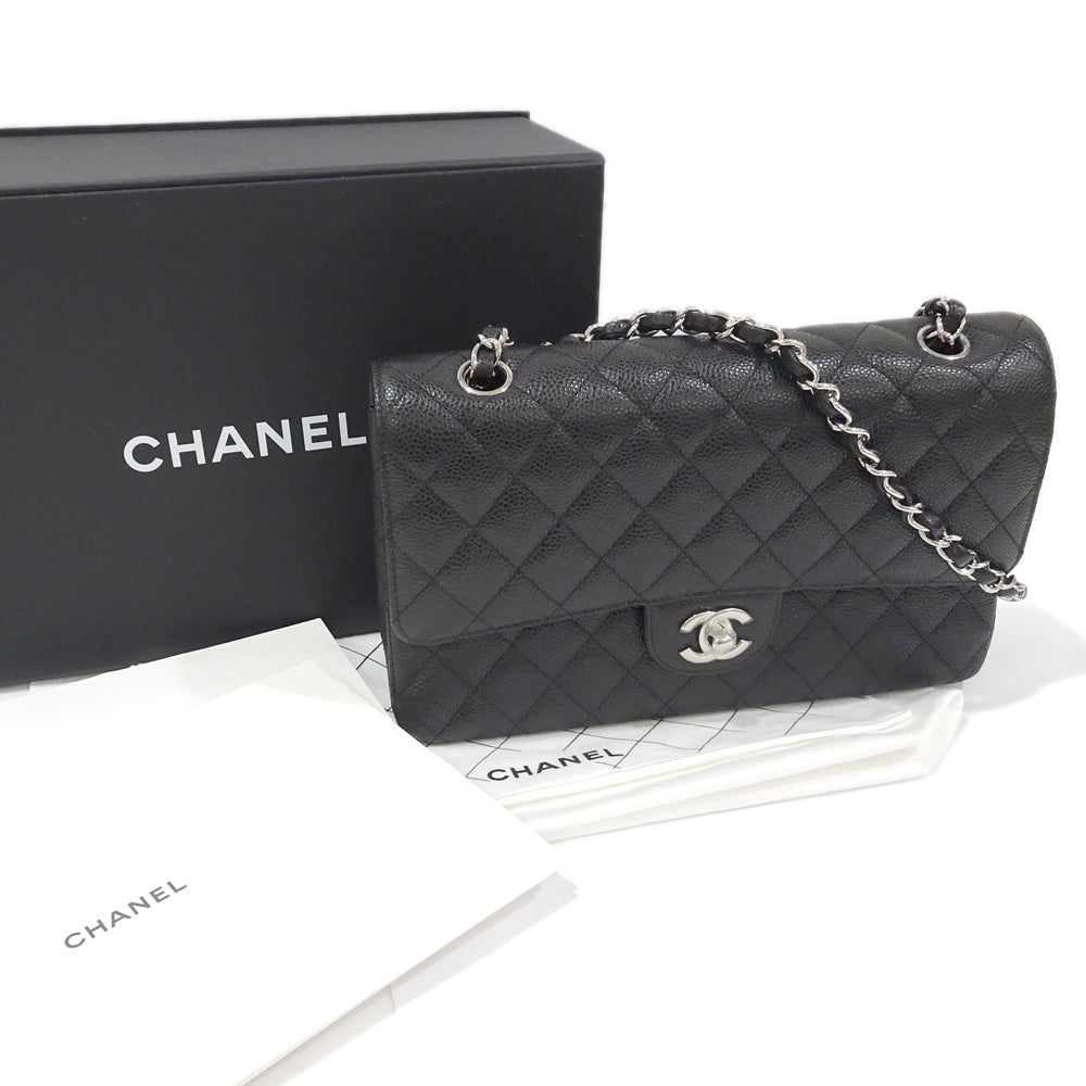 CHANEL Matrasse 25 Classic Handbag W Flap Bag A01112 Black Silver  Green  S Caviar Skin Shoulder Bag New