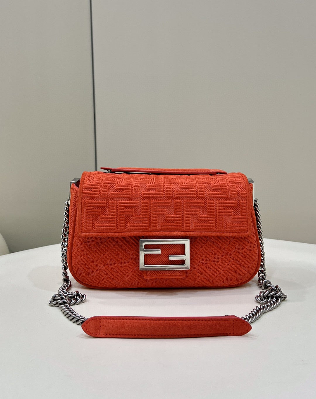 FI Baguette Chain Midi Red FF Fabric Bag For Woman 14.5cm/6in 8BR793AHW5F1F2I