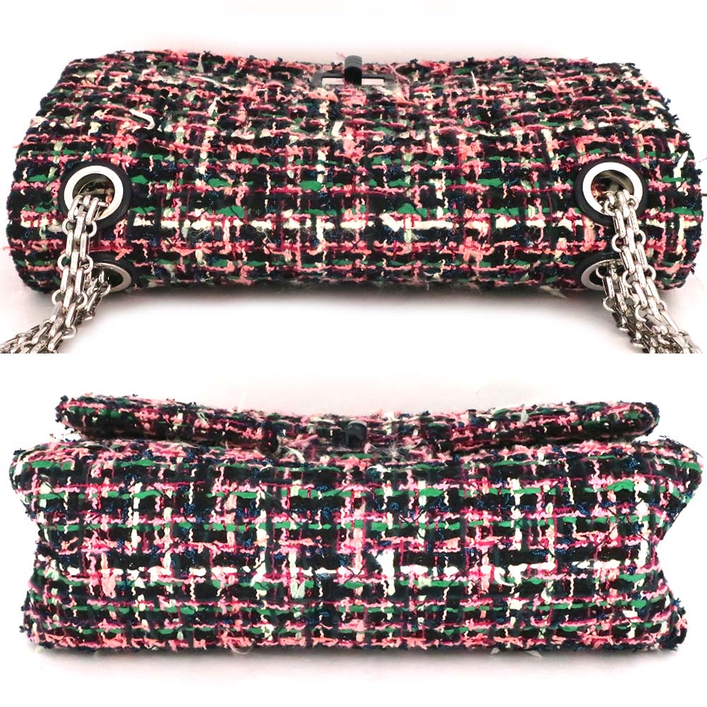 CHANEL 2.55 Chain Shoulder Bag Mini Flap Tweed Handbag 2WAY Check Red Pink Green Silver