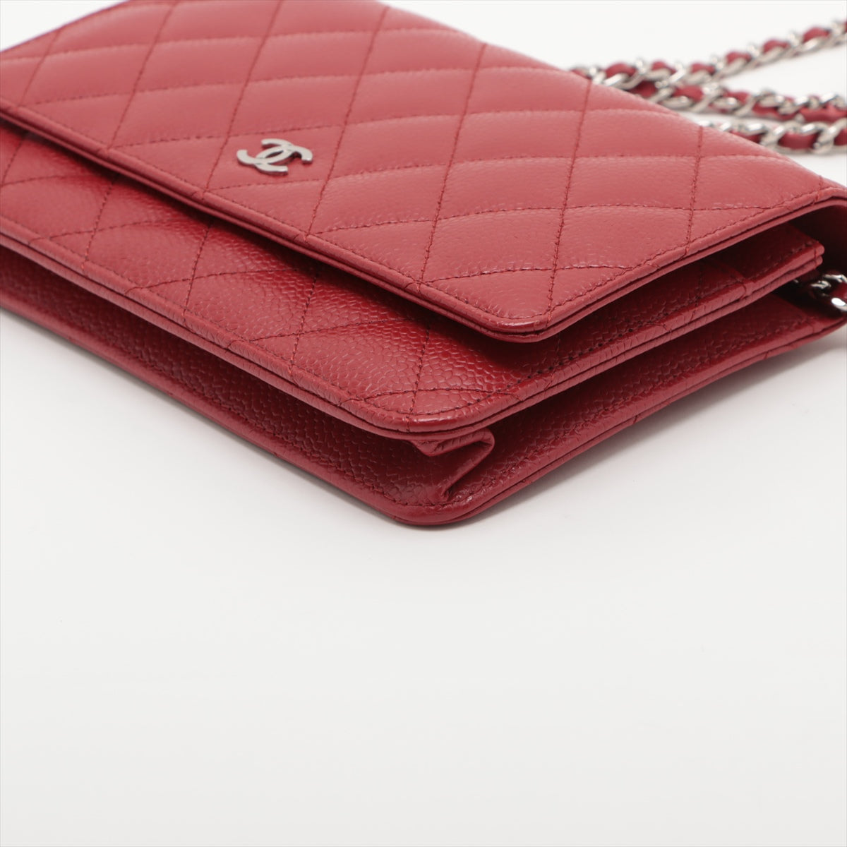 Chanel Caviar S Chain Wallet Red Silver G