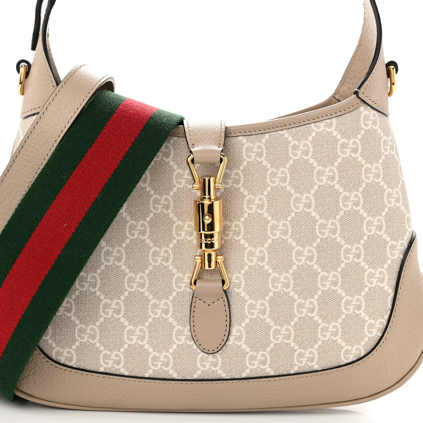 Gucci  GG Supreme Monogram Textured Dollar Calfskin Web Small Jackie 1961 Hobo Beige Mystic White Oatmeal