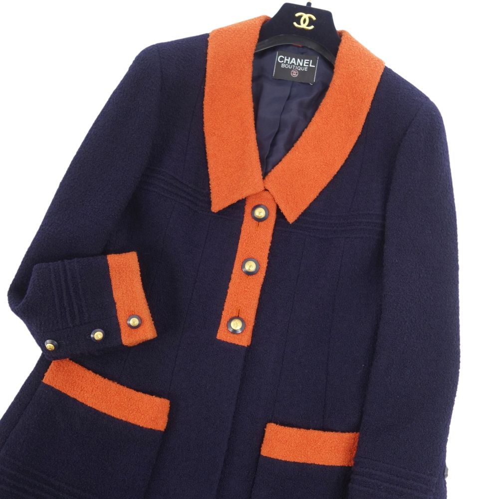 Vint Chanel Jacket 93A Wool Tweed Coco Button   French Made M Equivalent Navy/Orange