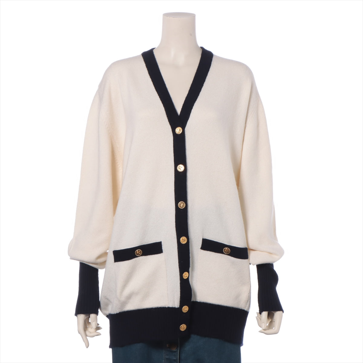 Chanel Cashmere Cardigan 3  Ivory X Navy Clover Button