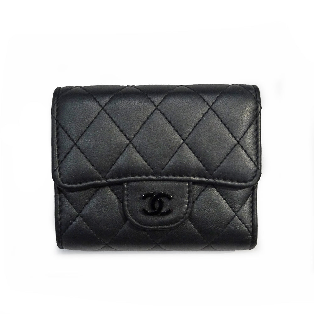 CHANEL Compact Wallet AP0229 All Black Leather Coco Three Fold Wallet Mini