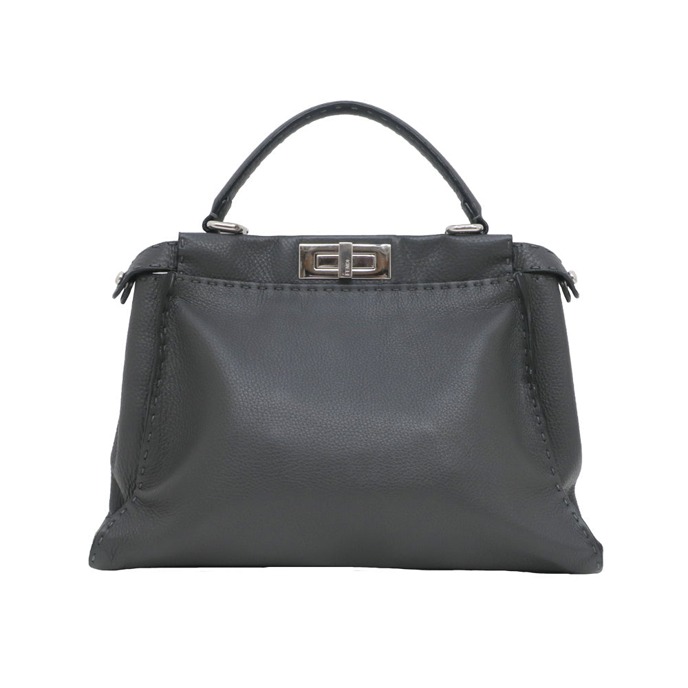 FI Fendi Peacebu Handbag Medium Shoulder Strap Dark Grey Leather 8BN226