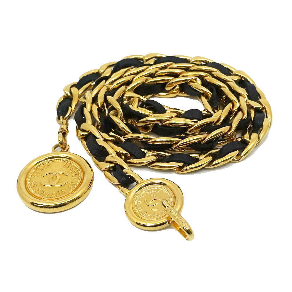 CHANEL Chain Belt CC Mark Coin A10991 About 90cm About 188.9g Black G  GP Gold  Women  Dress Small Box