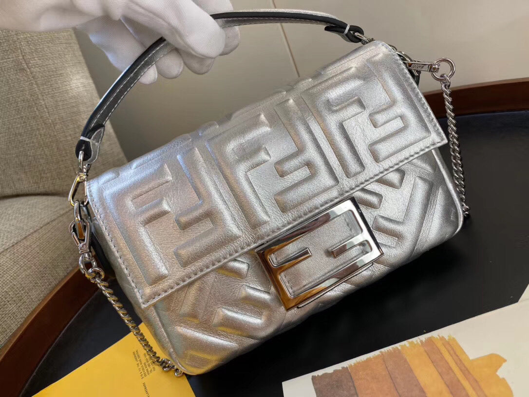 Fendi Baguette Mini Bag In Silver Lambskin With FF Motif