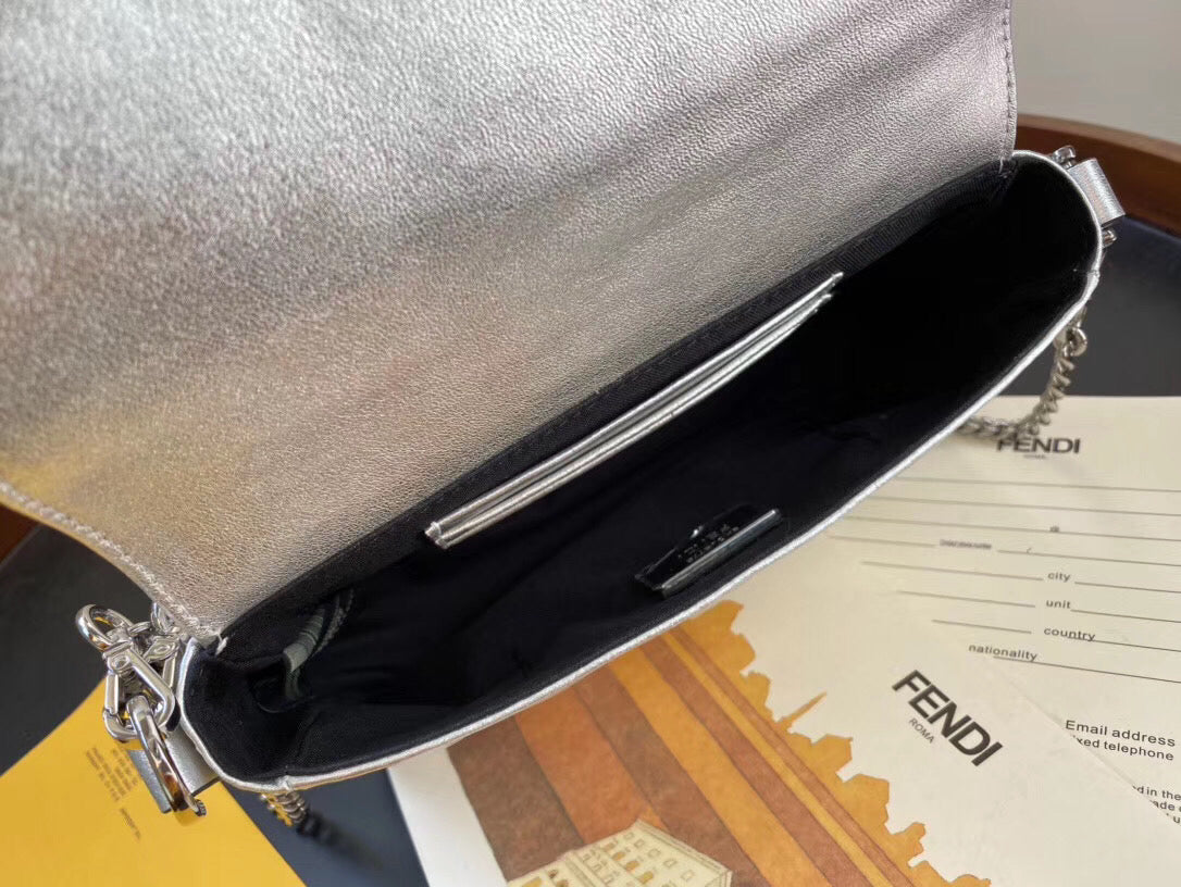 Fendi Baguette Mini Bag In Silver Lambskin With FF Motif