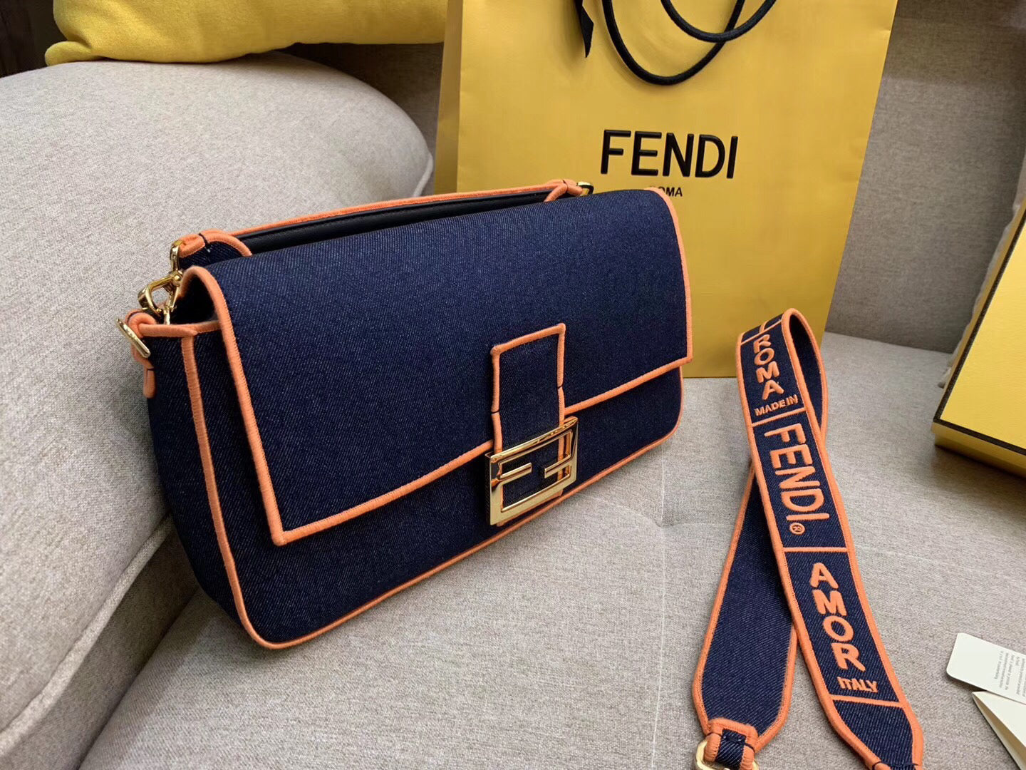 Fendi Large Baguette Bag In Blue Denim With Orange Trim