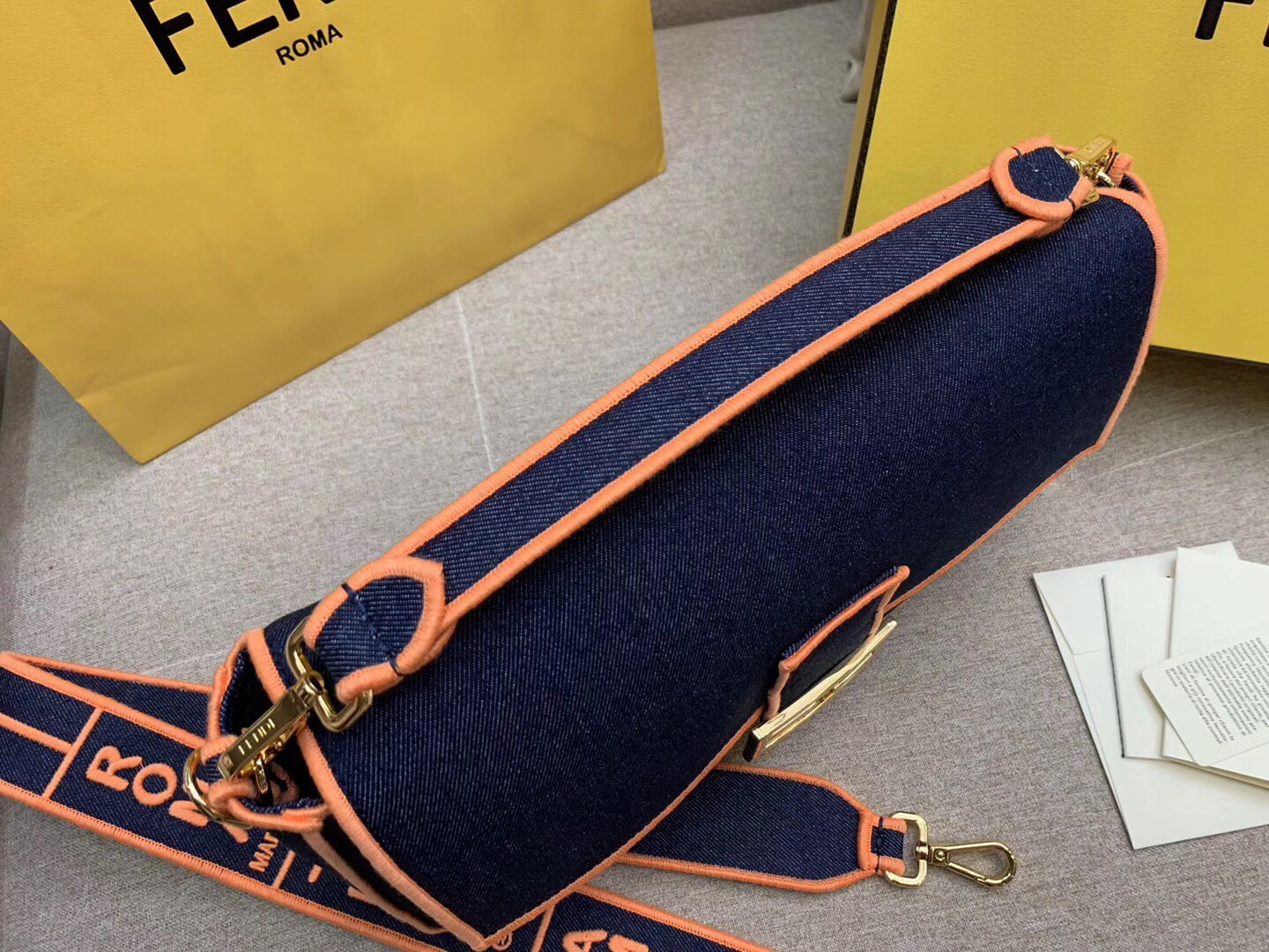 Fendi Large Baguette Bag In Blue Denim With Orange Trim