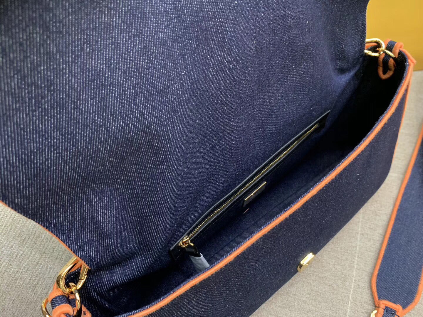 Fendi Large Baguette Bag In Blue Denim With Orange Trim