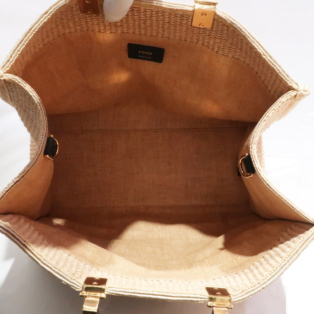 FI Fendi Sunshine Medium 8BH386 Hand Shoulder Bag 2WAY Straw Material Beige G    Excellent Woodwear