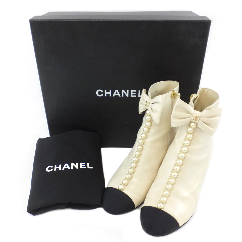 Chanel Leather Anchor Short Boots White Black Size 37C 23.5cm Equivalent Leather G  Ribbon Coco  Pearl  Shoes