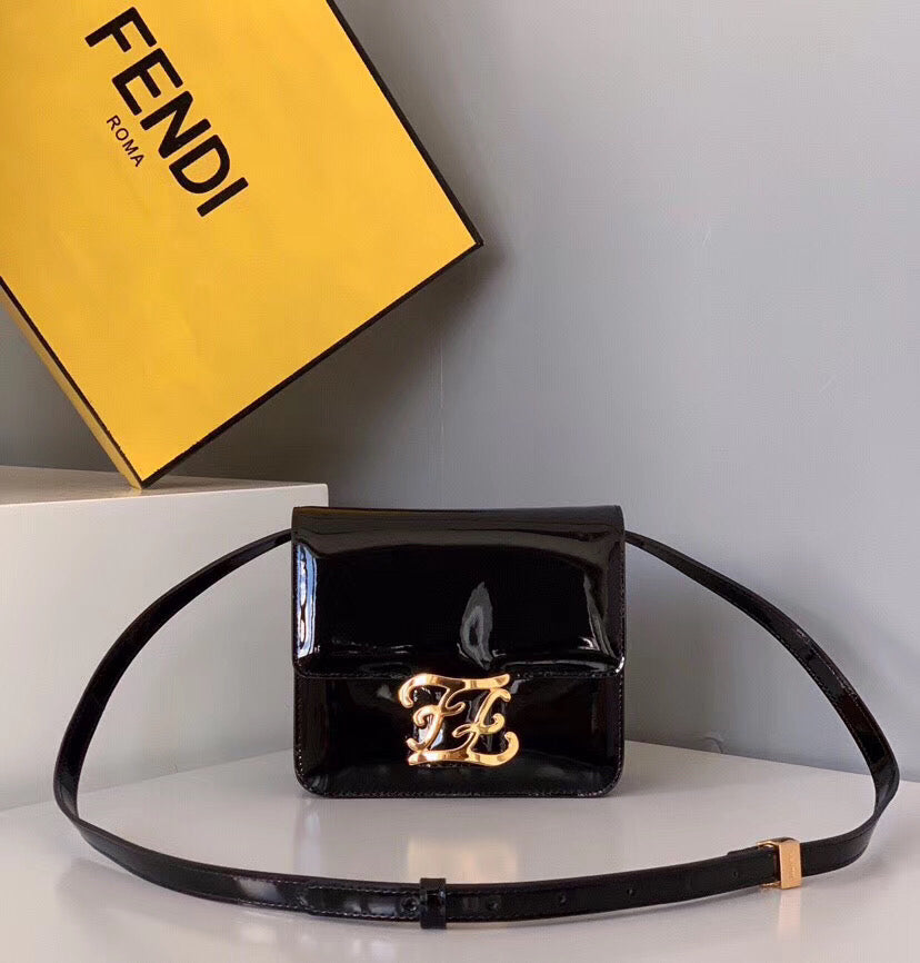 Fendi Karligraphy Bag In Black Patent Leather