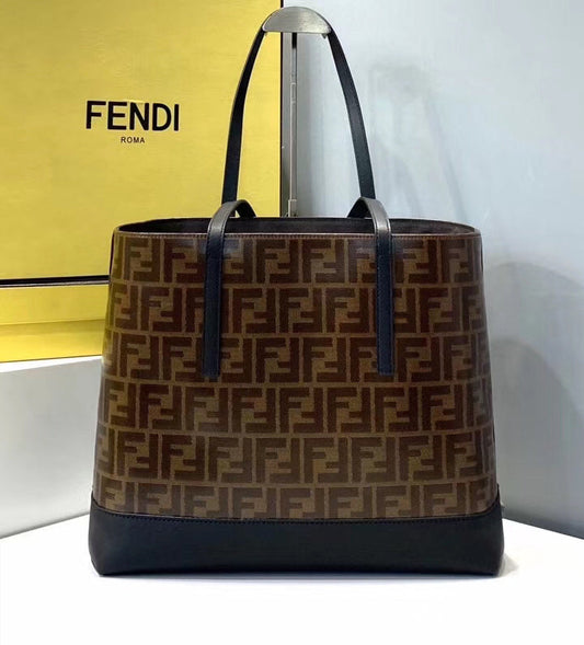 Fendi Logo Shopper Bag In Glazed Fabric With Black Leather