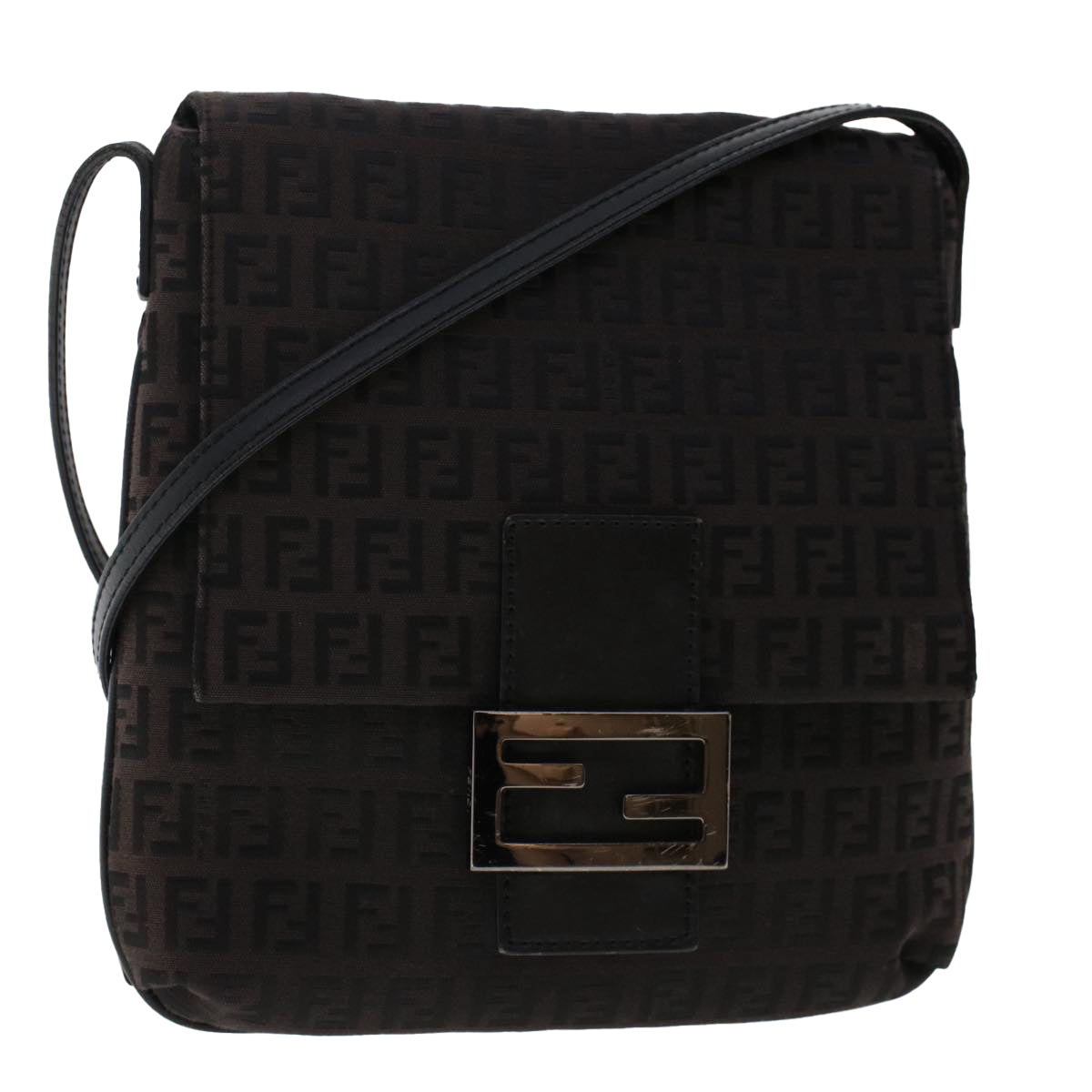 FENDI Zucchino Canvas Shoulder Bag Dark Brown