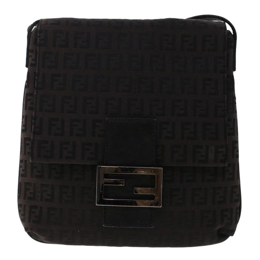 FENDI Zucchino Canvas Shoulder Bag Dark Brown