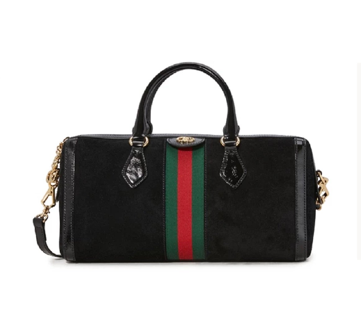 Gucci Ophidia Black Suede Web Stripe Boston Satchel Handbag 524532