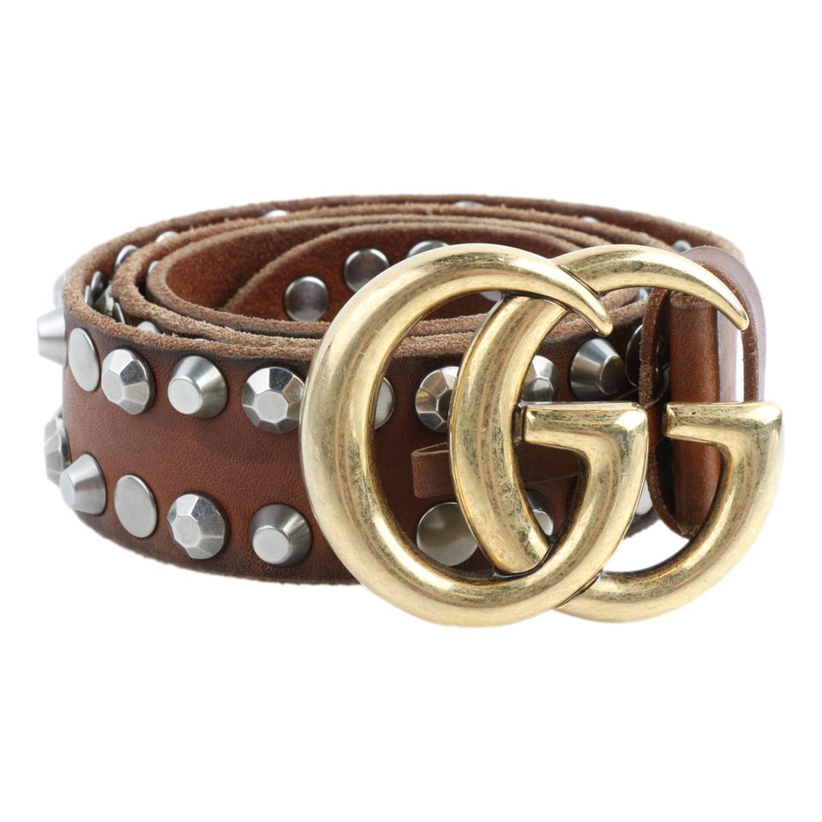 Gucci Marmont GG Brown Leather Studded Belt