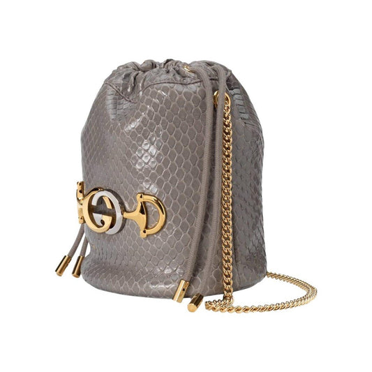 Gucci Zumi Dusty Grey Snakeskin Drawstring Crossbody Bucket Bag 576432