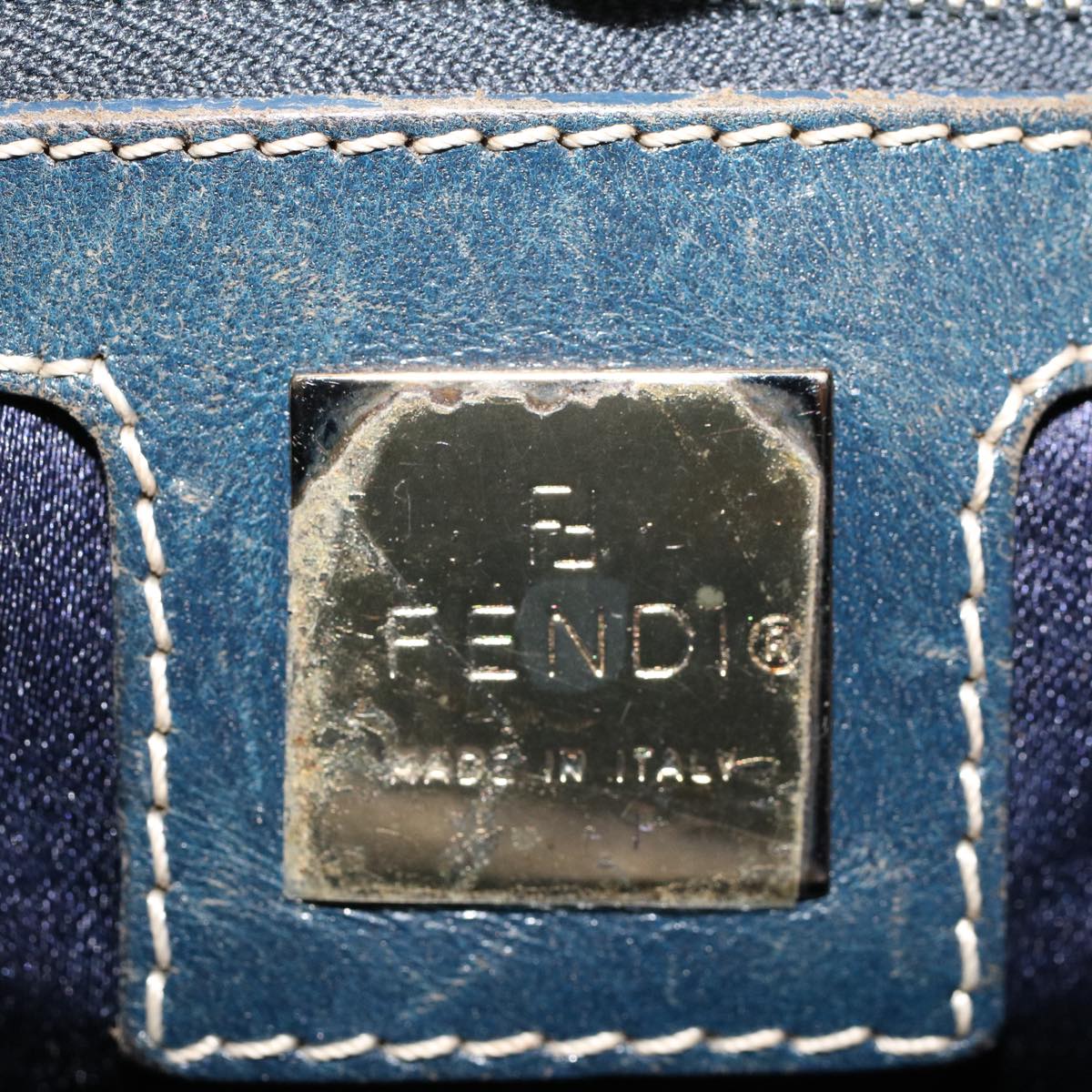 FENDI Zucchino Canvas Hand Bag Leather Navy