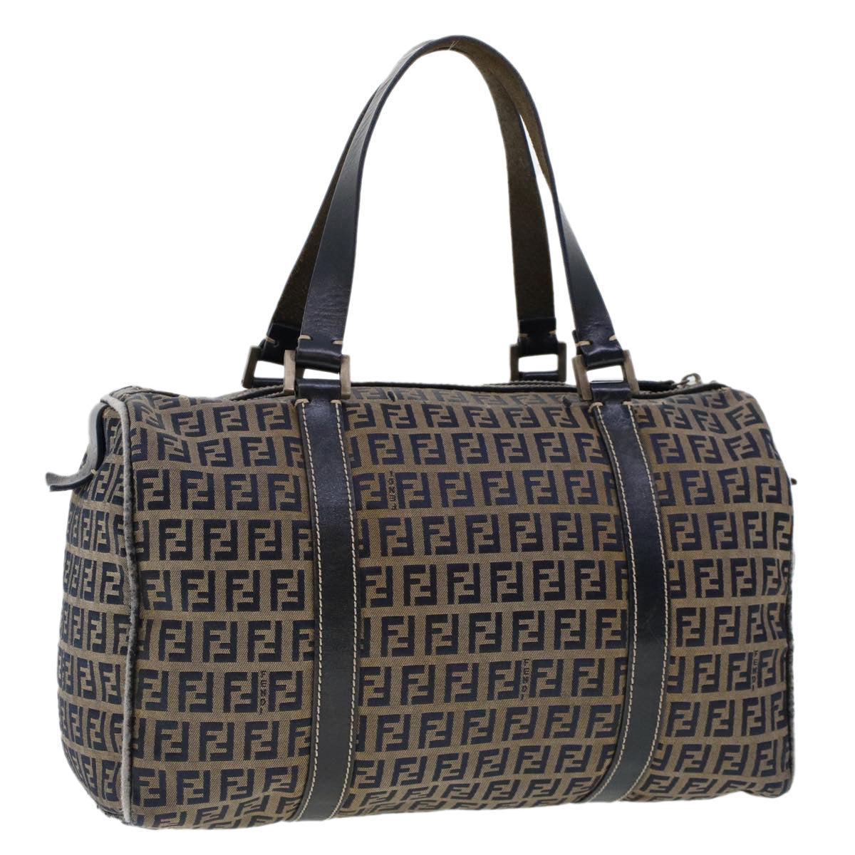 FENDI Zucchino Canvas Hand Bag Leather Navy