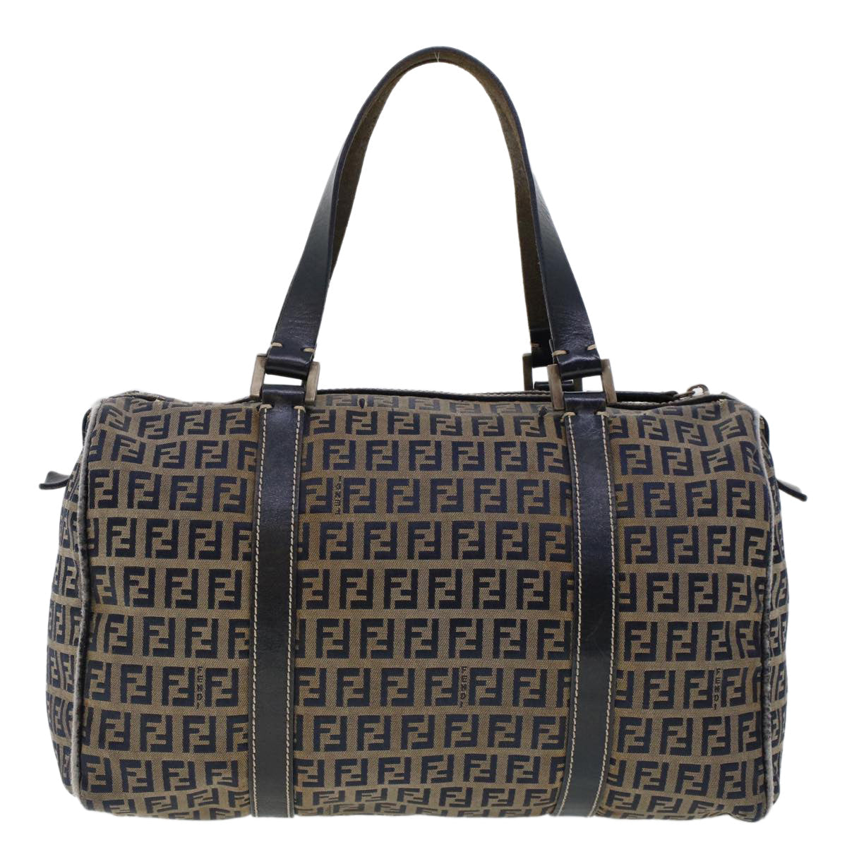 FENDI Zucchino Canvas Hand Bag Leather Navy