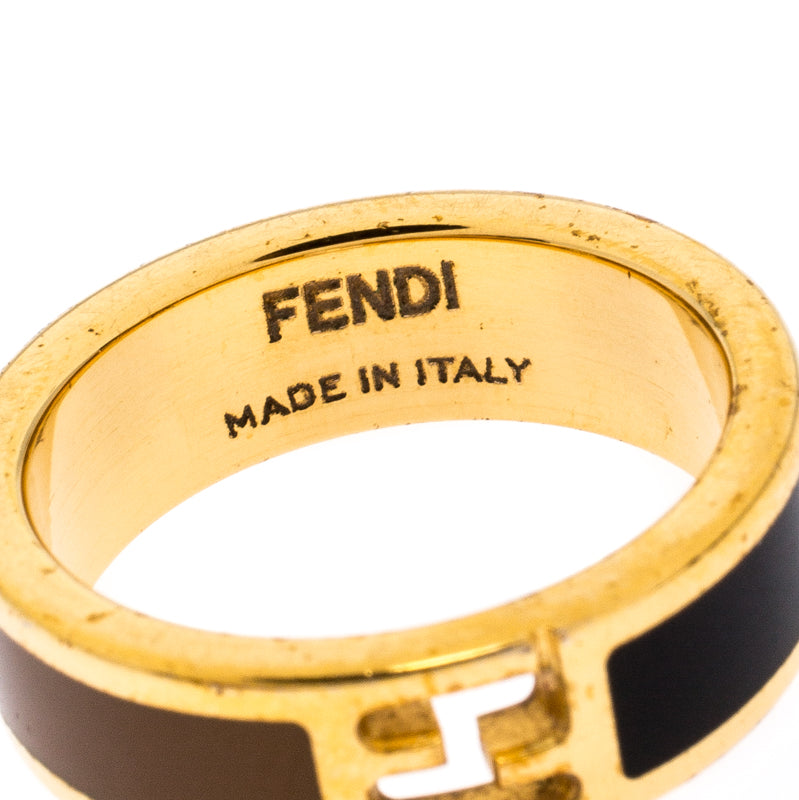 Fendi The Fendista Bi-color Enamel Gold Tone Band Ring Size 54.5