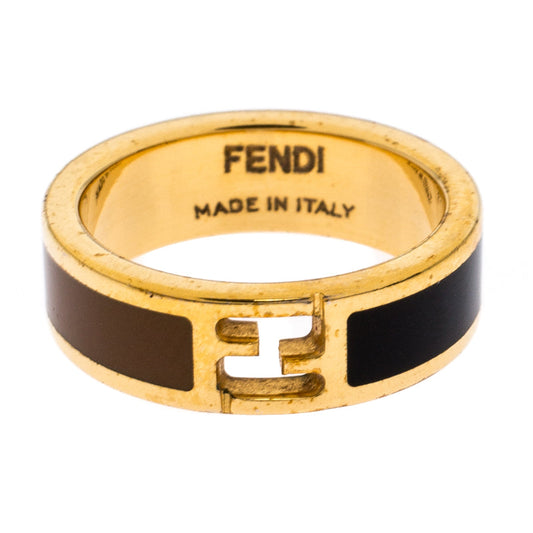 Fendi The Fendista Bi-color Enamel Gold Tone Band Ring Size 54.5