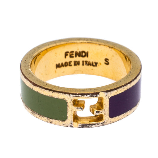 Fendi The Fendista Bicolor Enamel Gold Tone Band Ring Size EU 51